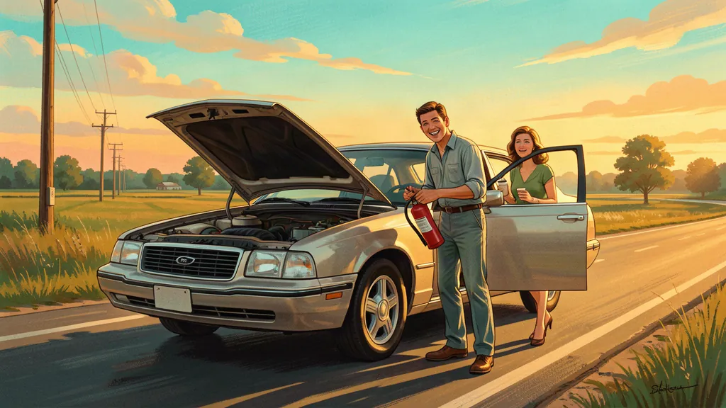 A driver standing relieved beside his car with a small red fire extinguisher in hand at golden hour, his wife watching from the open car door — 1950s Americana roadside scene with modern sedan, painted in Norman Rockwell Saturday Evening Post style.