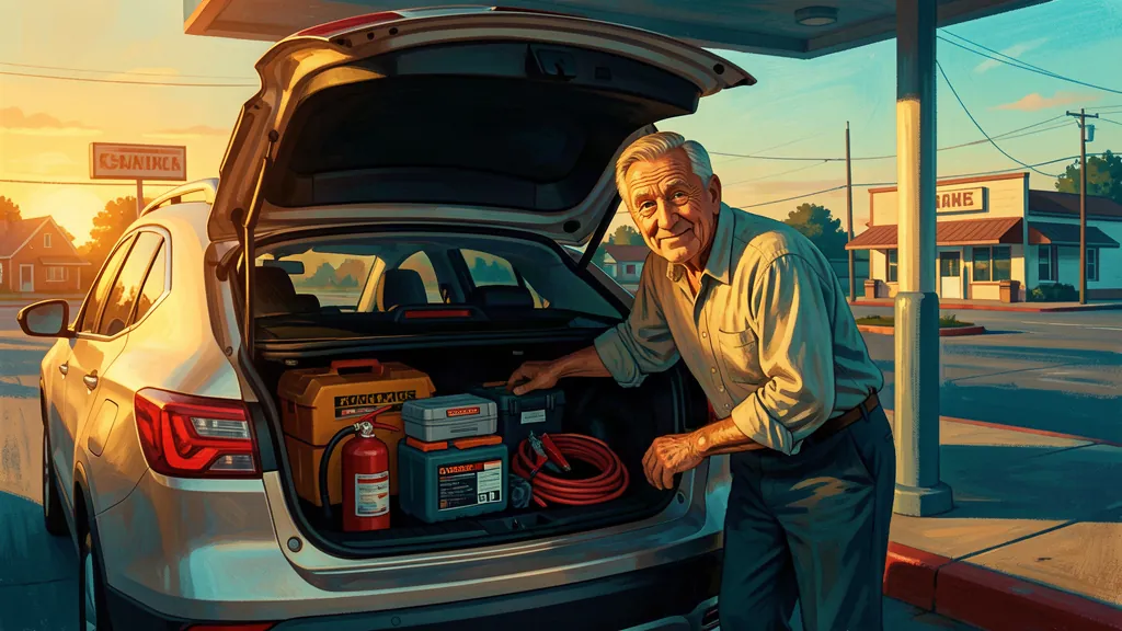 A weathered small-town mechanic leans into the open trunk of a modern SUV at golden hour — jumper cables, a battery box, and a small red fire extinguisher arranged neatly inside. Edward Hopper lighting, classic Americana gas station in the background, painterly 1950s editorial illustration style.